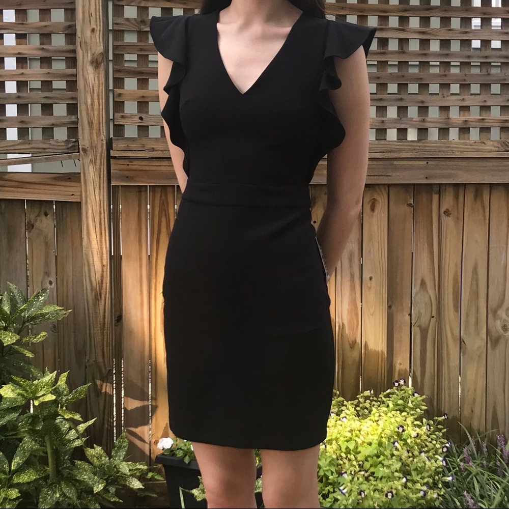 Express V-Neck Ruffle Shoulder Black Dress